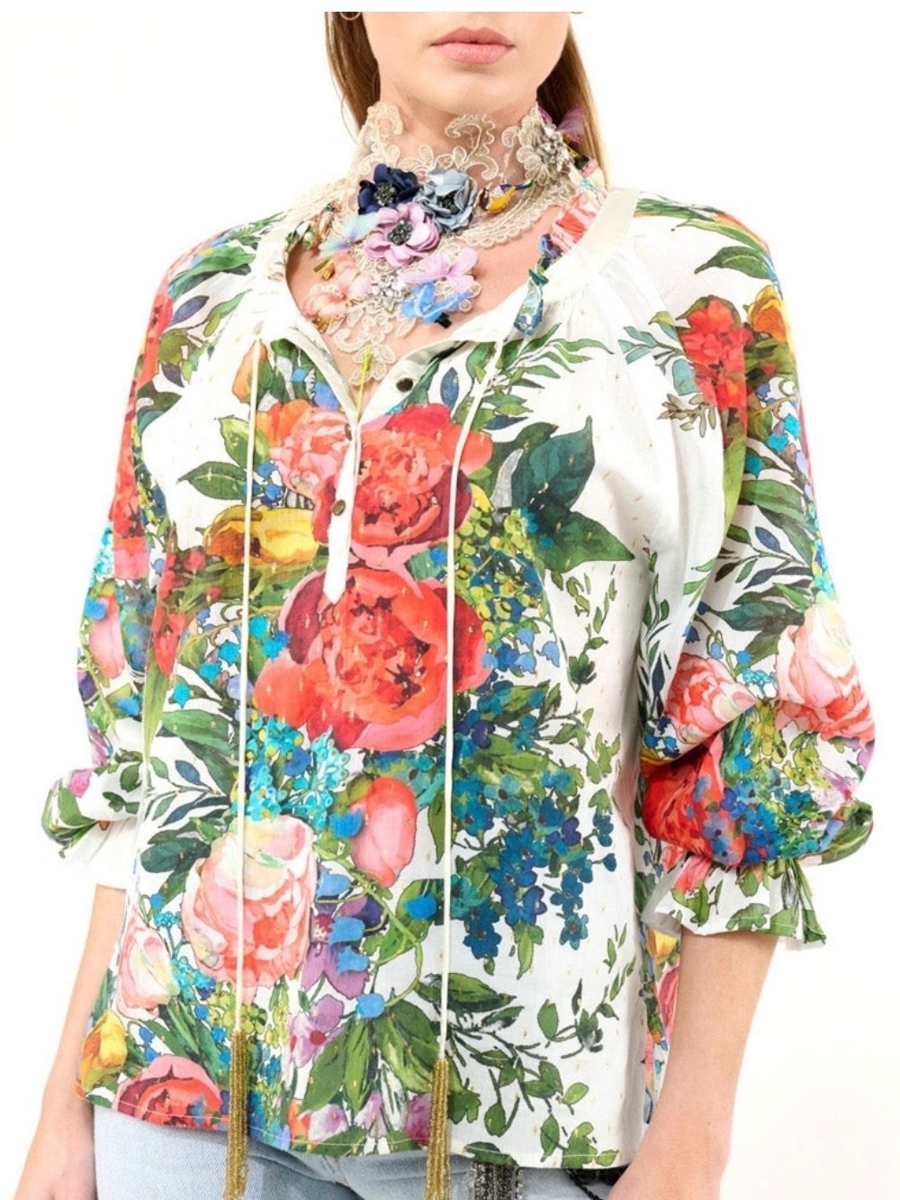 Aratta Zinnia Watercolor Floral Peasant Blouse, NWT